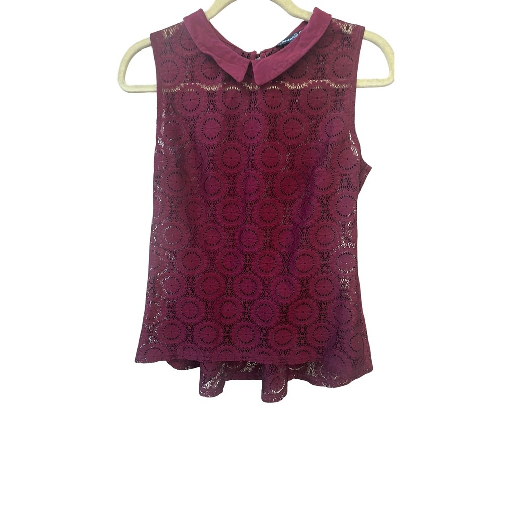Atmosphere Burgundy Lace Sleeveless Peplum Top with‎ Collar Women's